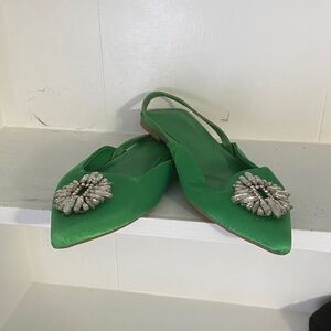 Green Satin Pointed Slingback Flats with Crystal Medallion